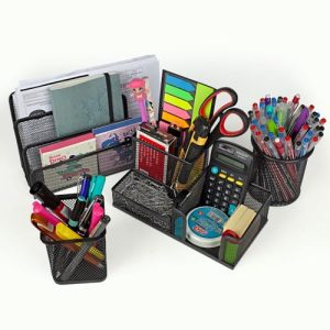 Kit 4 Organizadores de Mesa Metal Escritorio Porta Treco Organizador Canetas Lápis Bloco de Notas Carta Clipes Escolar (Preto)
