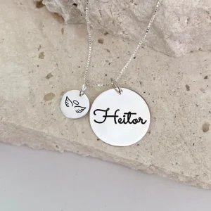 Colar Medalha Nome + Pingente Asa de Anjo Personalizado Prata