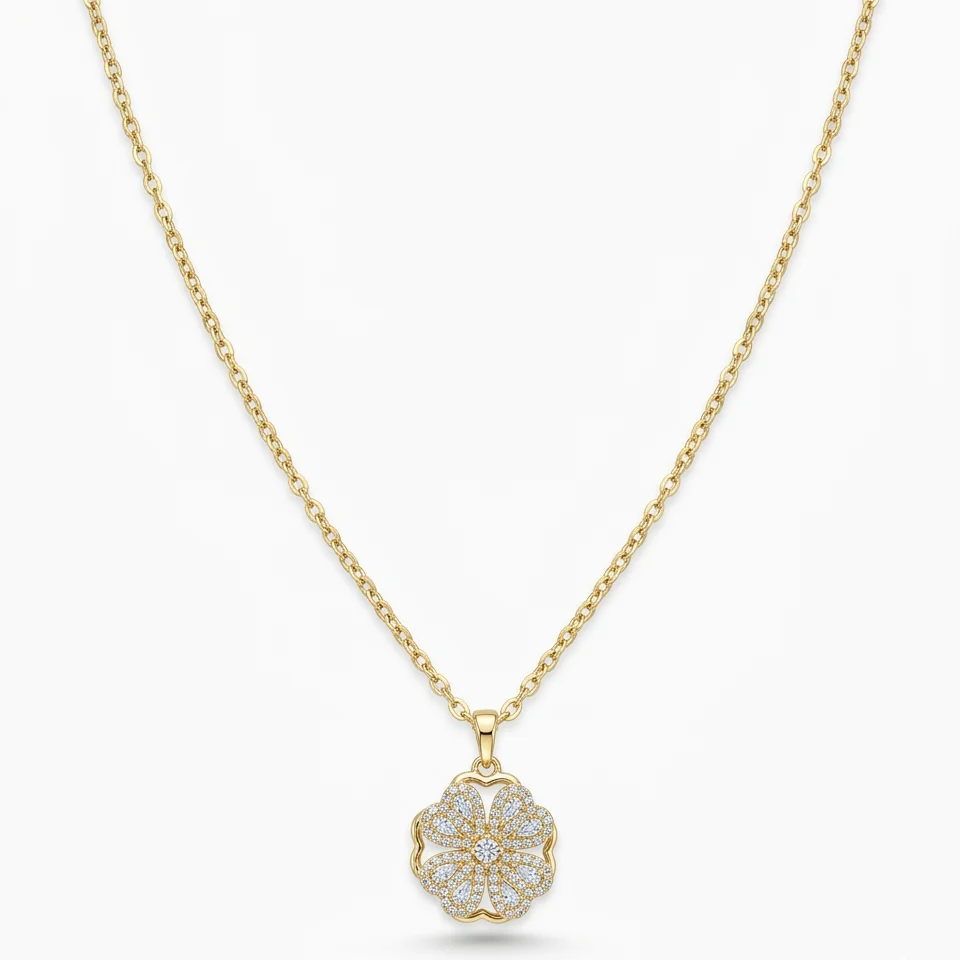 Colar flor cristal anti estresse dourado aço inoxidável