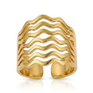 Anel orgânico ondulado dourado aço inoxidável