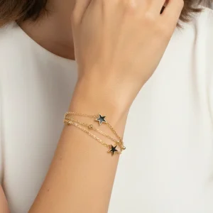 Pulseira Dupla Estrela Bolinhas Dourada Aço Inox