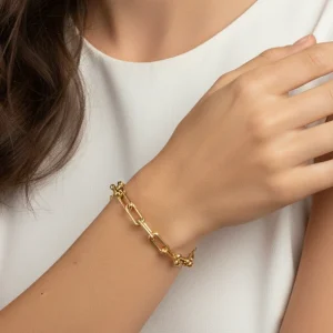 Pulseira Elos com Bolinhas Dourado Aço Inox Antialérgica