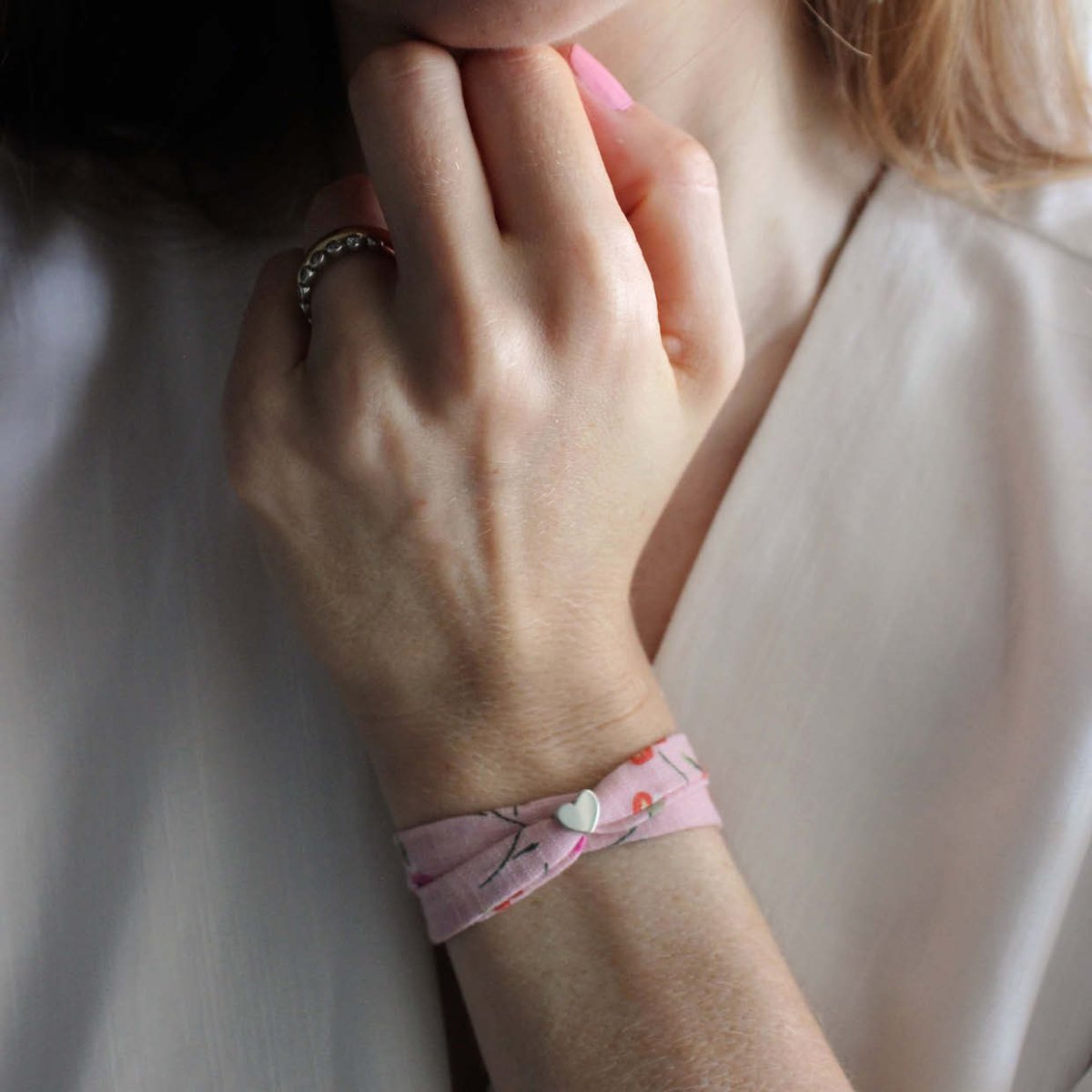 Pulseira de coração com tecido. Em prata 960 - Image 4