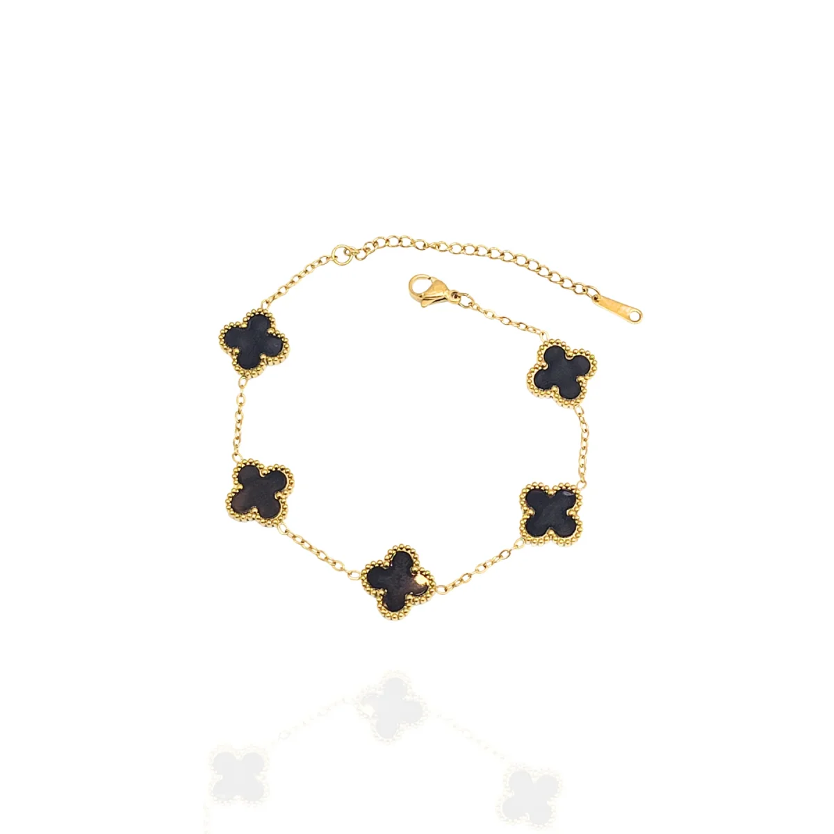 Pulseira Trevo Preto Dourado Aço Inox Antialérgica - Image 3