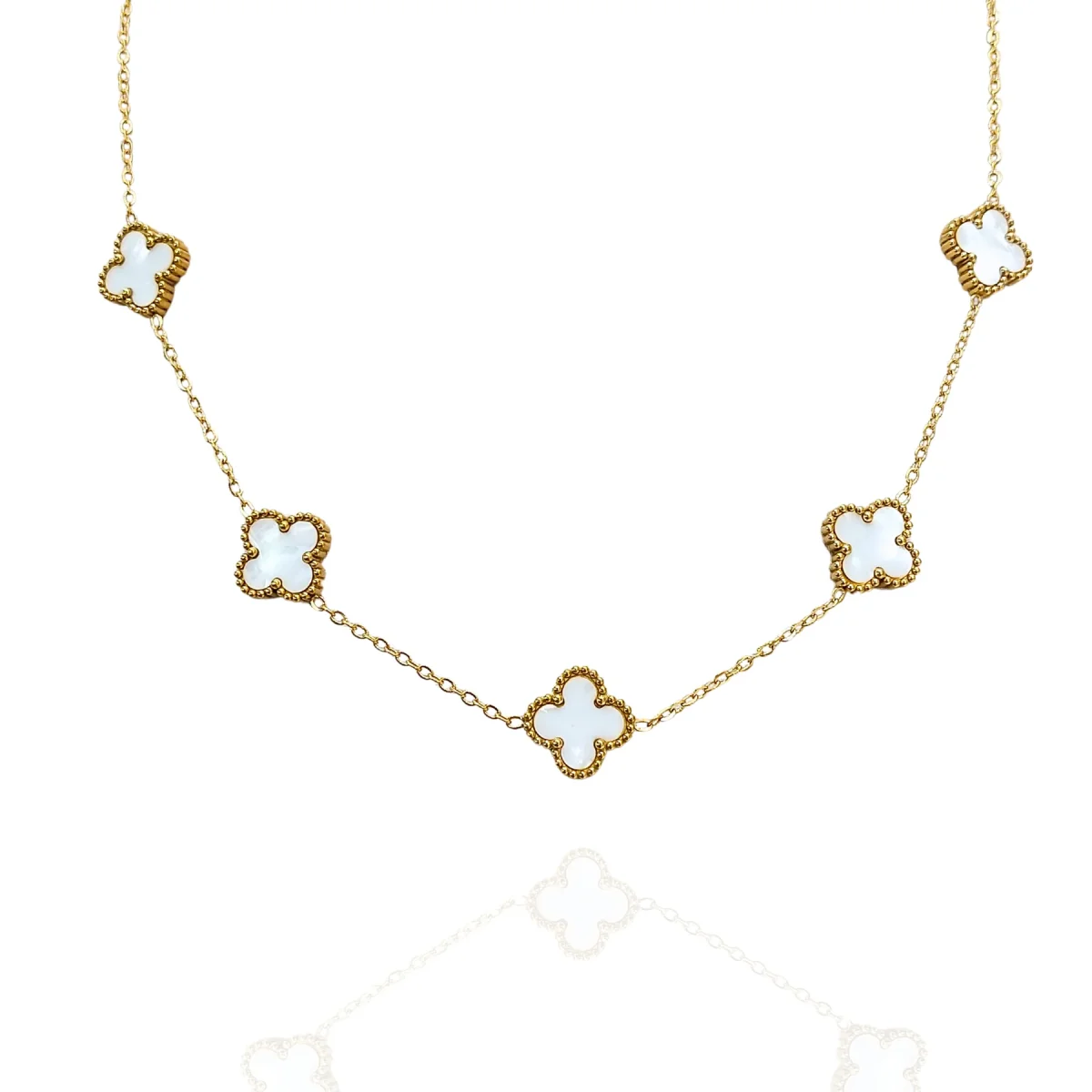 Colar Trevo 5 folhas Branco com Dourado - Aço Inox - Image 3