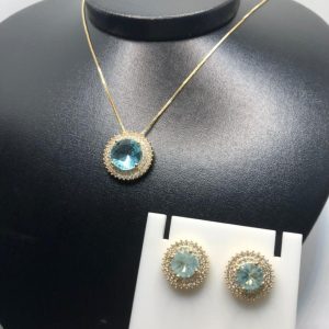 Conjunto Pedras Azuis Redondas Zirconias Semijoia Dourada