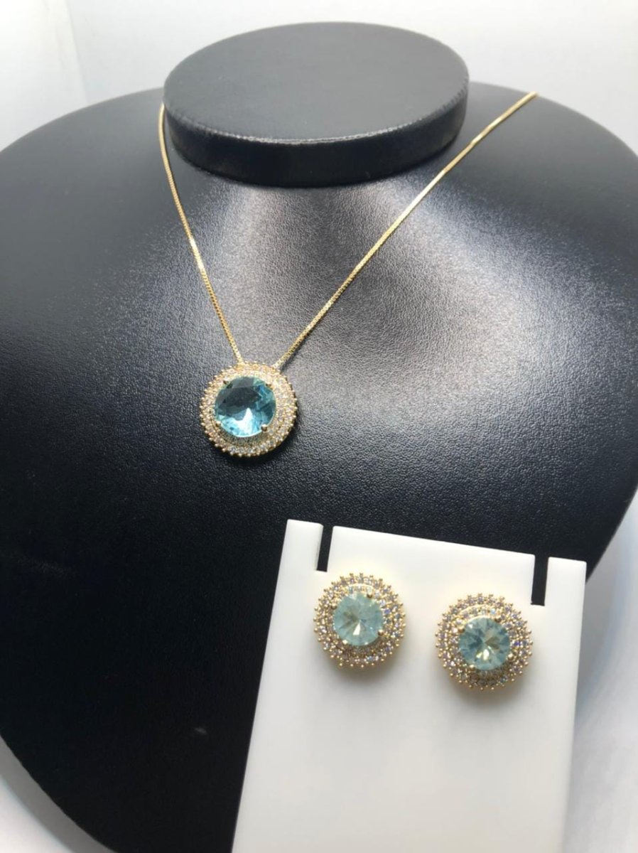 Conjunto Pedras Azuis Redondas Zirconias Semijoia Dourada