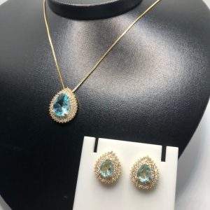 Conjunto Pedras Azuis Claro Gotas Semijoia Dourada