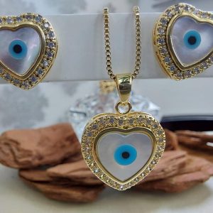 Conjunto Coração Olho Grego e zirconias Semijoia Dourada