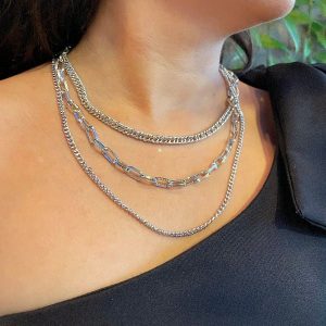Colar Triplo Prata Minimalista Design Moderno
